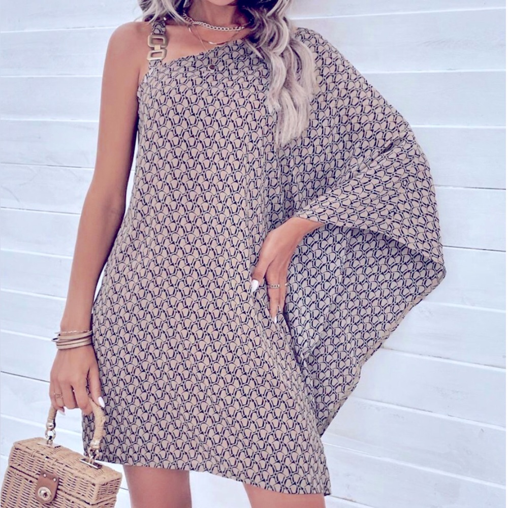 New Elegant Print Asymmetrical BatWing Tunic khaki Dress with Gold Accent M